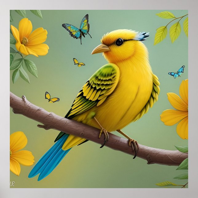 Poster Oiseau jaune sur la branche (Devant)