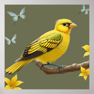 Poster Oiseau jaune vibrant sur une branche
