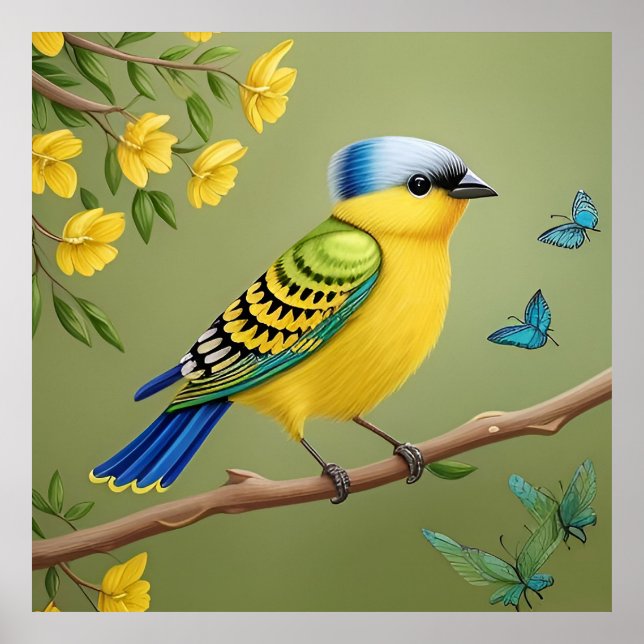 Poster Oiseau jaune vibre sur la branche (Devant)