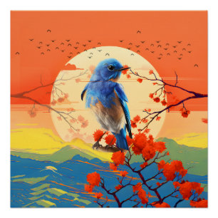 Poster Oiseau Naturel Japonais Moderne Dans Un Paysage Fl