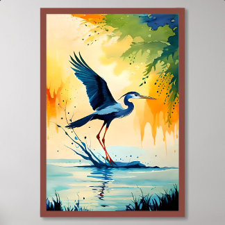 Poster oiseau peindre tricolore heron attraper poisson da