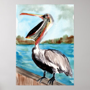 Poster Oiseau pélican sur une jetée