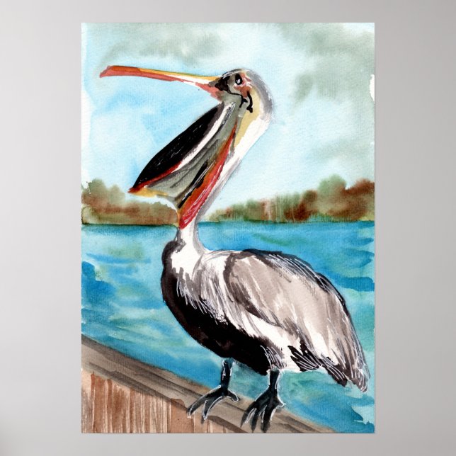 Poster Oiseau pélican sur une jetée (Devant)