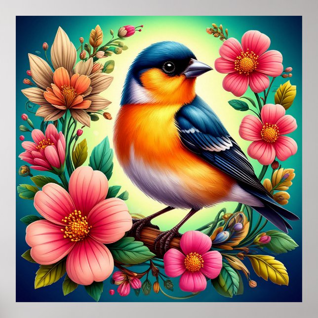 Poster Oiseau perché parmi des fleurs colorées (Devant)