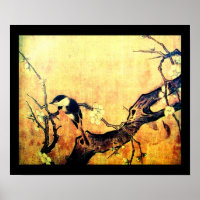 OISEAU PRINTANIER ET ARBRE FLEURI Jaune Brun Noir