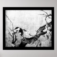 OISEAU PRINTANIER ET ARBRE FLEURI Noir Blanc Gris