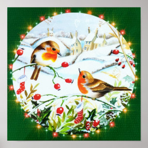 Poster Oiseau Robin Couple Winter Holly Noël