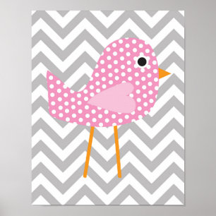 Poster Oiseau rose Poka Dot, Chambre Chevron Gris, Pépini