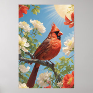 Poster Oiseau rouge dans le soleil et les fleurs