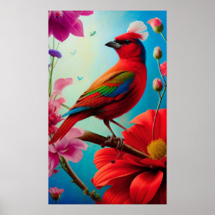 Poster Oiseau rouge et fleurs