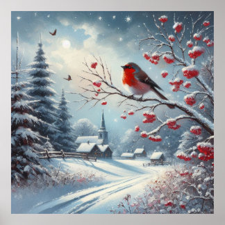 Poster Oiseau rouge et paysage hivernal