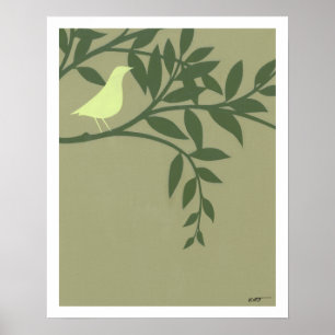 Poster Oiseau vert perché sur une branche verte
