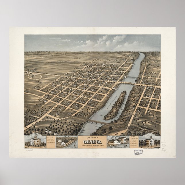 Poster Oiseau's Eye View of Geneva, Illinois (1869) (Devant)
