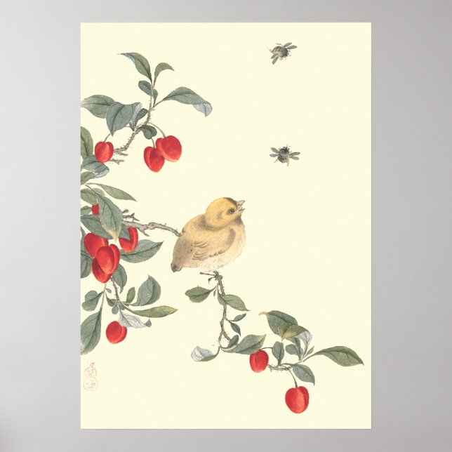 Poster Oiseaux, abeilles et cerises art oriental antique (Devant)