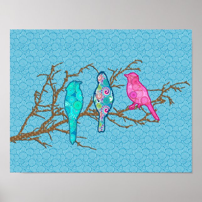Poster Oiseaux appliqués sur une branche, Sky Blue Multi (Devant)