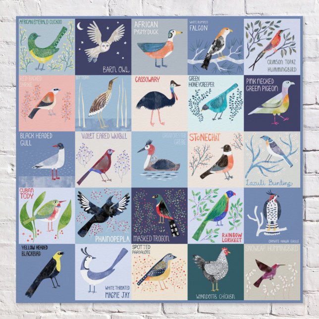 Poster Oiseaux autour du monde aquarelle art (Birds Around the World fun and quirky watercolor bird art with hand lettered names poster)