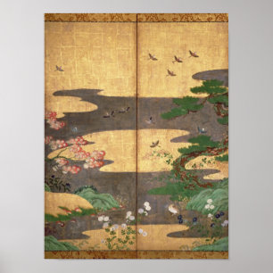 Poster Oiseaux aux fleurs d'automne et d'hiver