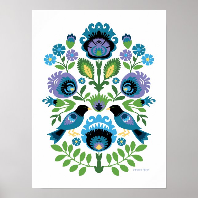 Poster Oiseaux bleus d'art populaire polonais (Devant)