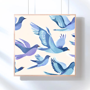 Poster Oiseaux bleus en vol   Aquarelle moderne