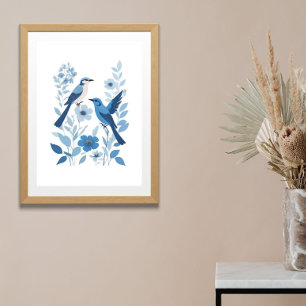 Poster Oiseaux bleus et blancs et fleurs florales aquarel