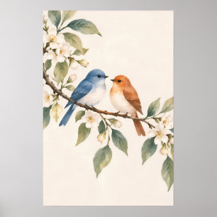 Poster Oiseaux bleus et orange sur une branche fleurie Bo