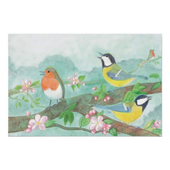 Poster Oiseaux chantant sur une branche d'arbre en fleurs (Devant)