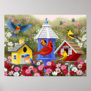 Poster Oiseaux colorés et nichoirs à oiseaux dans un jard