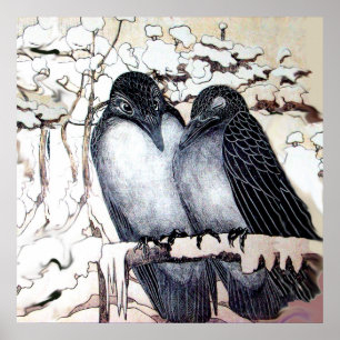 Poster OISEAUX D'AMOUR D'HIVER DANS LA NEIGE Noir Blanc