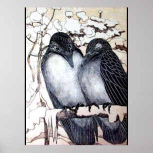 Poster OISEAUX D'AMOUR D'HIVER DANS LA NEIGE Noir Blanc