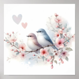 Poster Oiseaux d'amour printaniers Fleur de cerisier Flor