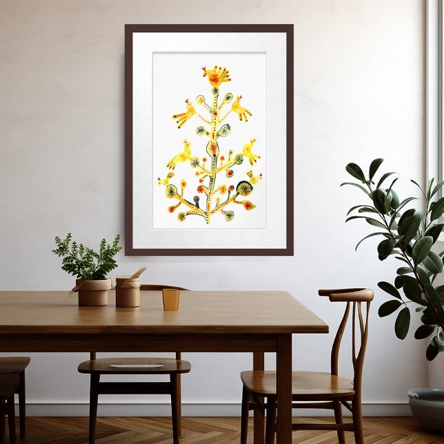 Poster Oiseaux dans l'arbre de vie Folk Art Aquarelle (Birds in Tree of Life Folk Art Watercolor Poster
)