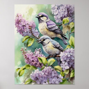 Poster Oiseaux d'aquarelle avec fleurs Lilac en floraison