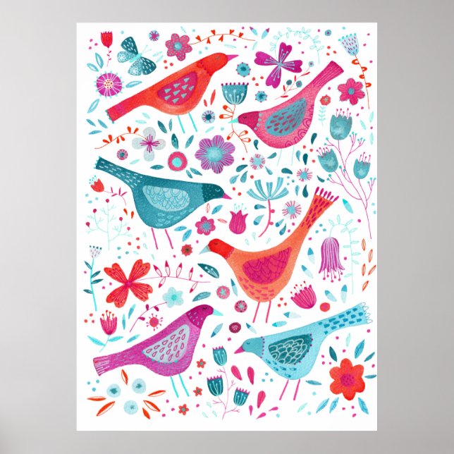 Poster Oiseaux d'aquarelle dans un jardin de fleurs peint (Devant)