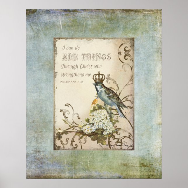 Poster Oiseaux de bois - Oiseau bleu avec fleurs de couro (Devant)