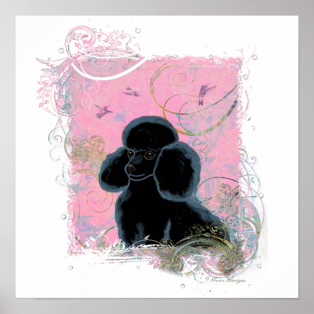 Poster Oiseaux de caniche Noir Tourbillons Invitation d'a (Devant)