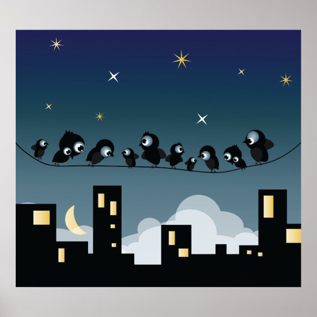 Poster Oiseaux De La Ville Sur Un Ciel Étoilé De Fil (Devant)