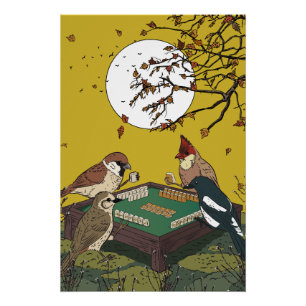 Poster Oiseaux de Mahjong jouant au jeu 