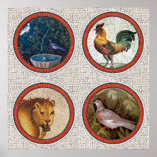 POSTER OISEAUX DE MOSAÏQUES ROMAINES ANTIQUE, ROOSTER ET 