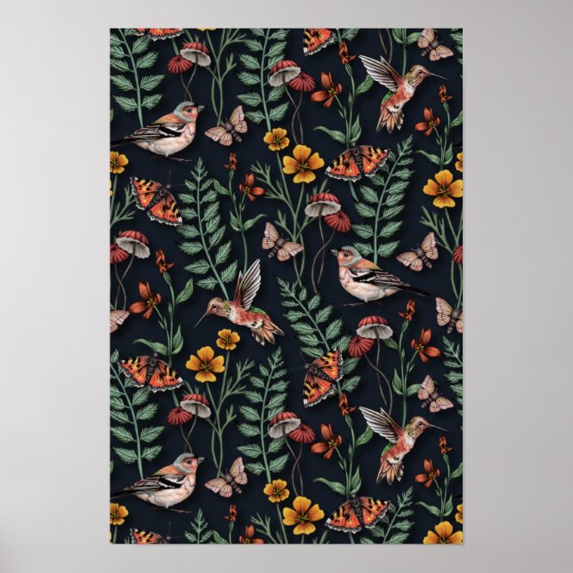 Poster Oiseaux du jardin foncé et papillons (Devant)