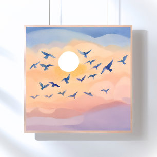 Poster Oiseaux en vol Coucher de soleil Nature Aquarell