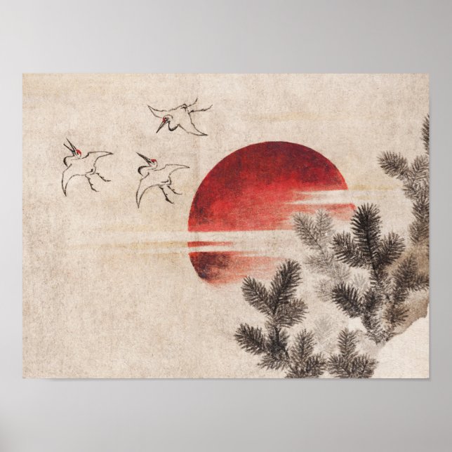 Poster Oiseaux et couchers de soleil de Katsushika Hokusa (Devant)