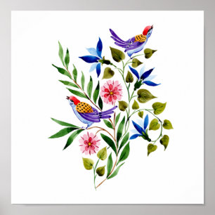 Poster Oiseaux et fleurs Aquarelle Peinture