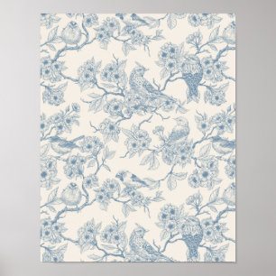 Poster Oiseaux et fleurs de cerisier en bleu et blanc cas