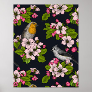 Poster Oiseaux et fleurs en noir