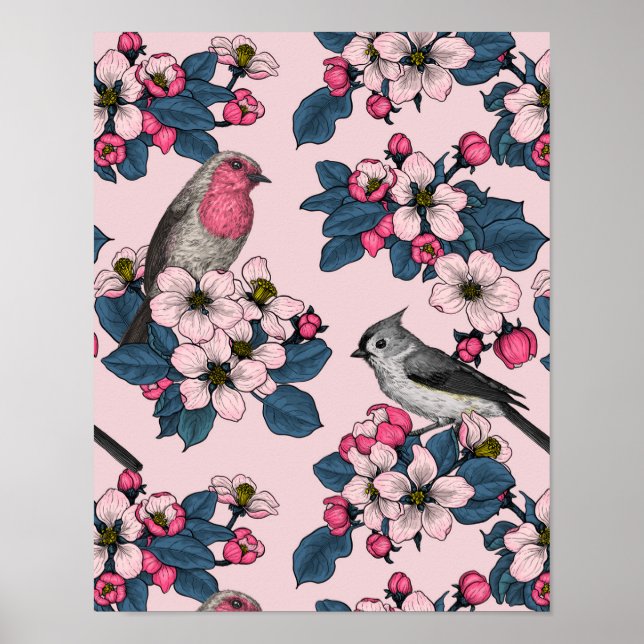 Poster Oiseaux et fleurs roses (Devant)