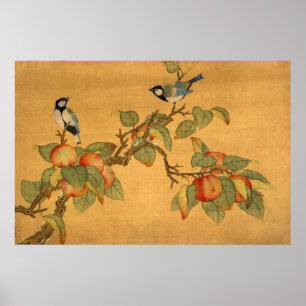 Poster Oiseaux et fruits chinois orientaux