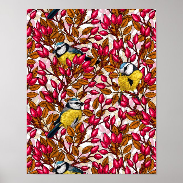 Poster Oiseaux et hanches roses de chien (Devant)