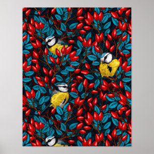Poster Oiseaux et hanches roses de chien, bleu et rouge