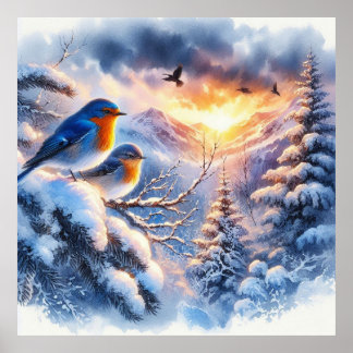 Poster Oiseaux et paysage hivernal 14
