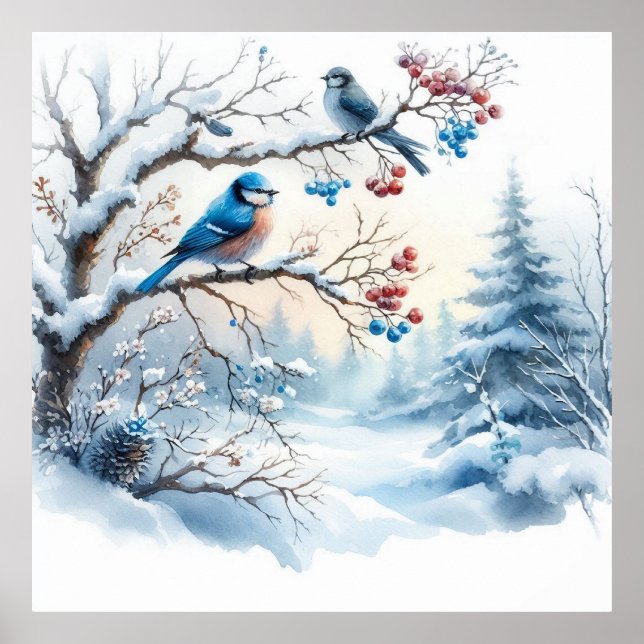 Poster Oiseaux et paysage hivernal 34 (Devant)